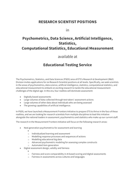 RESEARCH SCIENTIST POSITIONS in Psychometrics, Data Science