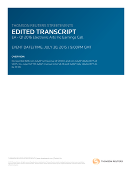 Q1 2016 Electronic Arts Inc Earnings Call on July 30, 2015 / 9:00PM