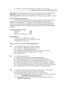 Art, Architecture, and the Built Environment from Rome to Van Der Rohe St. Augustine's Center-University of Idaho, Spring 2020