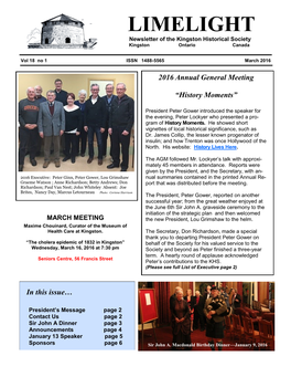 LIMELIGHT Newsletter of the Kingston Historical Society Kingston Ontario Canada