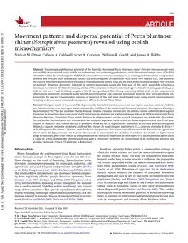 Movement Patterns and Dispersal Potential of Pecos Bluntnose Shiner (Notropis Simus Pecosensis) Revealed Using Otolith Microchemistry Nathan M