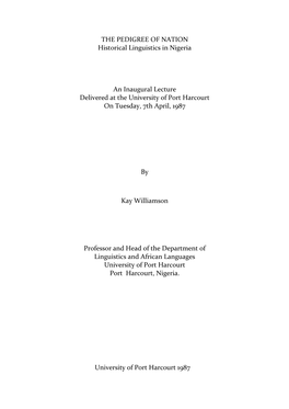 THE PEDIGREE of NATION Historical Linguistics in Nigeria An