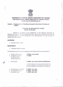 ADMINISTRATION of UNION TERRITORY of LADAKH LAW DEPARTMENT, UNION TERRITORY of LADAKH, 194101 Email: Secy-Law@Ladakh.Gov.In