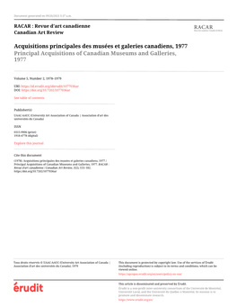 Acquisitions Principales Des Musées Et Galeries Canadiens, 1977 Principal Acquisitions of Canadian Museums and Galleries, 1977