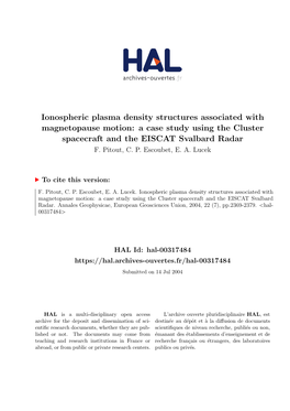 Ionospheric Plasma Density Structures Associated with Magnetopause Motion: a Case Study Using the Cluster Spacecraft and the EISCAT Svalbard Radar F