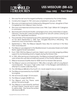 USS MISSOURI (BB-63) 1944-1992 Fact Sheet