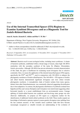 Use of the Internal Transcribed Spacer (ITS) Regions to Examine Symbiont Divergence and As a Diagnostic Tool for Sodalis-Related Bacteria