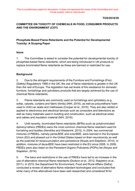 TOX/2018/39 COMMITTEE on TOXICITY of CHEMICALS in FOOD, CONSUMER PRODUCTS and the ENVIRONMENT (COT) Phosphate-Based Flame Retard