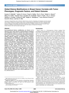 Global Histone Modifications in Breast Cancer Correlate with Tumor Phenotypes, Prognostic Factors, and Patient Outcome