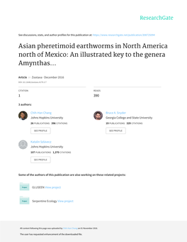 Asian Pheretimoid Earthworms in North America North of Mexico: an Illustrated Key to the Genera Amynthas