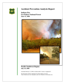 Accident Prevention Analysis Report Indians Fire Los Padres National Forest June 11, 2008