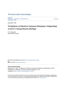 The Behavior of Atlanticus Testaceus (Orthoptera: Tettigoniidae) on the E.S