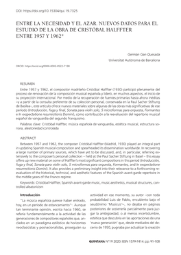 Entre La Necesidad Y El Azar. Nuevos Datos Para El Estudio De La Obra De Cristóbal Halffter Entre 1957 Y 1962*