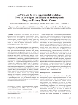 In Vitro and in Vivo Experimental Models As Tools to Investigate the Efficacy of Antineoplastic Drugs on Urinary Bladder Cancer