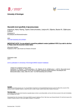 University of Groningen Glycosidic Bond Specificity of Glucansucrases