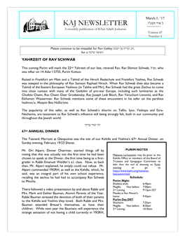 KAJ NEWSLETTER a Monthly Publication of K’Hal Adath Jeshurun Volume 47 Number 6