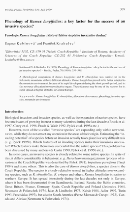 Phenology of Rumex Longifolius: a Key Factor for the Success of an Invasive Species?