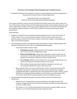 The Science and Technology of Solar Geoengineering: a Compact Summary