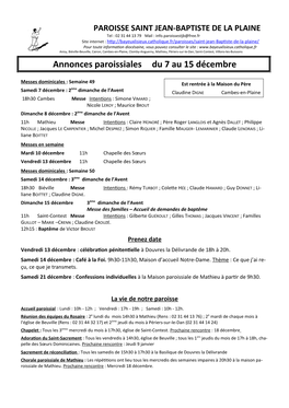 Annonces Paroissiales Du 7 Au 15 Décembre