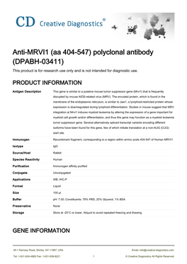 Anti-MRVI1 (Aa 404-547) Polyclonal Antibody (DPABH-03411) This Product Is for Research Use Only and Is Not Intended for Diagnostic Use