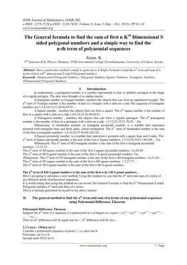 The General Formula to Find the Sum of First N Kth Dimensional S Sided Polygonal Numbers and a Simple Way to Find the N-Th Term of Polynomial Sequences