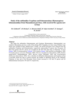 Study of the Subfamilies Cryptinae and Ichneumoninae (Hymenoptera: Ichneumonidae) from Mazandaran Province, with Record of Five Species New to Iran