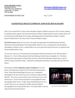 Gainesville Ballet Announces 2015-16 Season