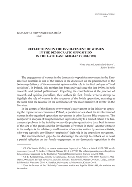 Reflections on the Involvement of Women in the Democratic Opposition in the Late East Germany (1981-1989)