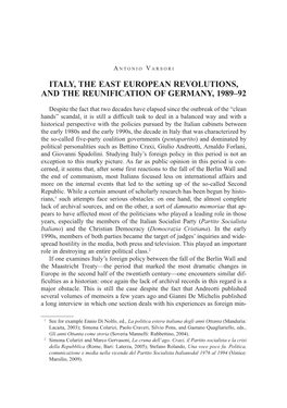 Italy, the East European Revolutions, and the Reunification of Germany, 1989–92