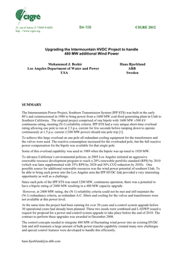 Upgrading the Intermountain HVDC Project to Handle 480 MW Additional Wind Power