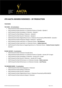 4Th Aacta Awards Nominees – by Production
