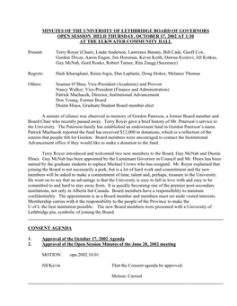 Minutes of the University of Lethbridge Board of Governors Open Session Held Thursday, October 17, 2002 at 1:30 at the Elkwater Community Hall