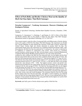 Effect of Pork Belly and Broiler Chicken Meat on the Quality of Herb Sai Oua (Spicy Thai Herb Sausage)