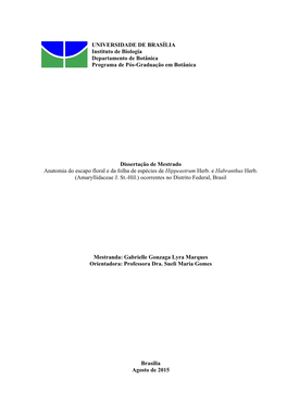 UNIVERSIDADE DE BRASÍLIA Instituto De Biologia Departamento De Botânica Programa De Pós-Graduação Em Botânica Dissertaçã