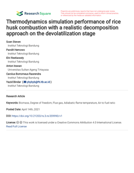 Thermodynamics Simulation Performance of Rice Husk Combustion with a Realistic Decomposition Approach on the Devolatilization Stage