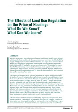 The Effects of Land Use Regulation on the Price of Housing: What Do We Know? What Can We Learn?