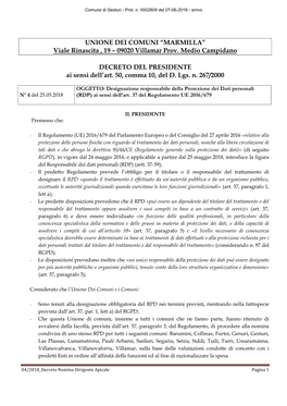 UNIONE DEI COMUNI “MARMILLA” Viale Rinascita , 19 – 09020 Villamar Prov. Medio Campidano DECRETO DEL PRESIDENTE Ai Sensi