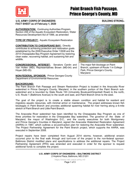 Paint Branch Fish Passage Fact Sheet