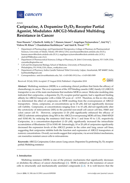 Cariprazine, a Dopamine D2/D3 Receptor Partial Agonist, Modulates ABCG2-Mediated Multidrug Resistance in Cancer