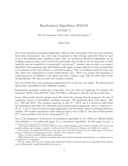 Randomized Algorithms 2018/9A Lecture 1 ∗ Min Cut Algorithm, Closest Pairs, (Multi)-Set Equality