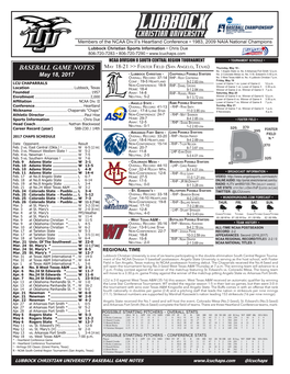 BASEBALL GAME NOTES May 18-21 >> Foster Field (San Angelo, Texas) Thursday, May 18 - No