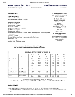 Congregation Beth Aaron Shabbat Announcements Shabbat Parshat Vayetze November 8-9, 2013 5 Kislev 5774