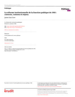 La Réforme Institutionnelle De La Fonction Publique De 1983 : Contexte, Contenu Et Enjeux James Iain Gow