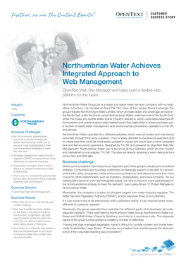 Northumbrian Water Achieves Integrated Approach to Web Management Opentext Web Site Management Helps Build a Flexible Web Platform for the Future