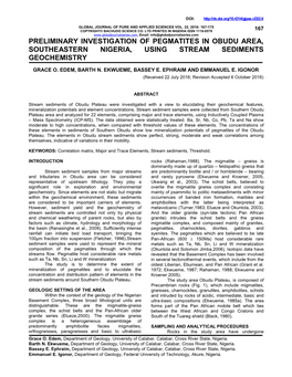 Preliminary Investigation of Pegmatites in Obudu Area, Southeastern Nigeria, Using Stream Sediments Geochemistry