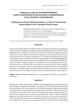 Echinometra Vanbrunti (ECHINOMETRIDAE) COMO HOSPEDERO DE RELACIONES COMENSALISTAS EN EL PACÍFICO COLOMBIANO