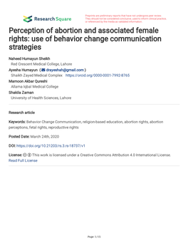 Perception of Abortion and Associated Female Rights: Use of Behavior Change Communication Strategies