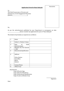 Application Form for Bana Sahayak To, the Chief Conservator of Forests
