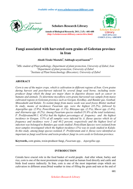 Fungi Associated with Harvested Corn Grains of Golestan Province in Iran