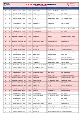 Toyota Thai League 2020 Fixtures Updated As of 1 February 2021